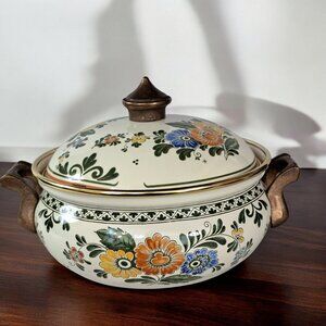 Vintage Asta Enamelware Floral Cookware With Brass Handles Germany with Lid .